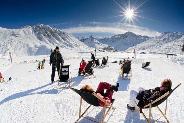 Skiers relaxing at Tignes ski resort