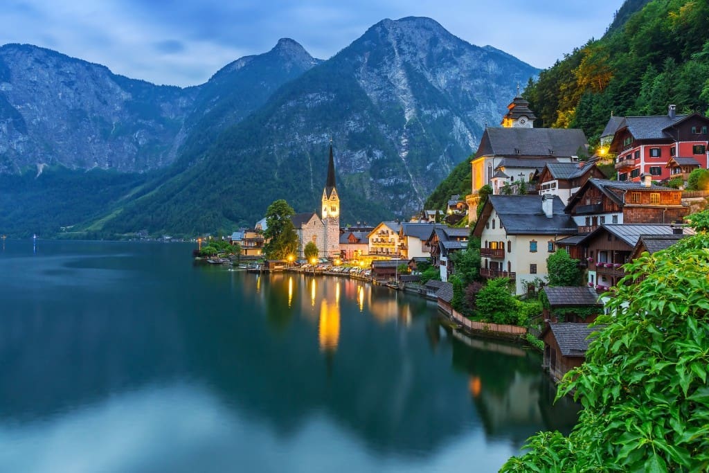 Hallstatt village in Alps at dusk, Austria