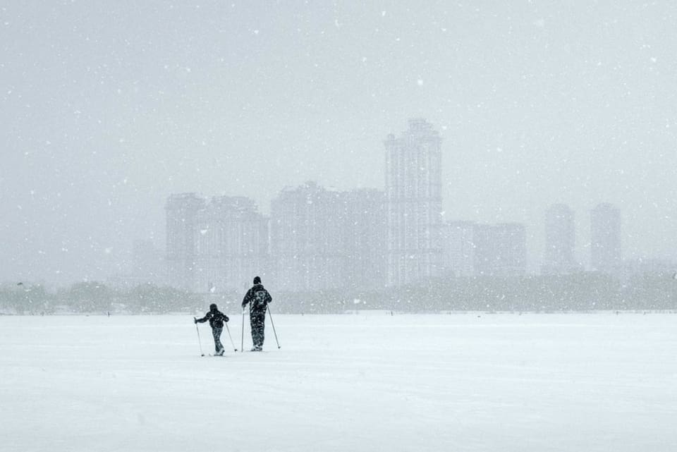 family skiers in snow