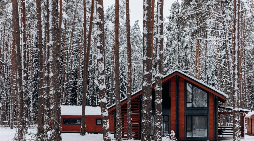 Brick ski chalet in Chamonix surrounded by trees in snowy forest