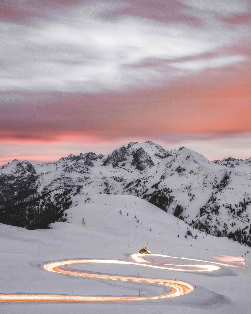 Sunset when driving in the Alps